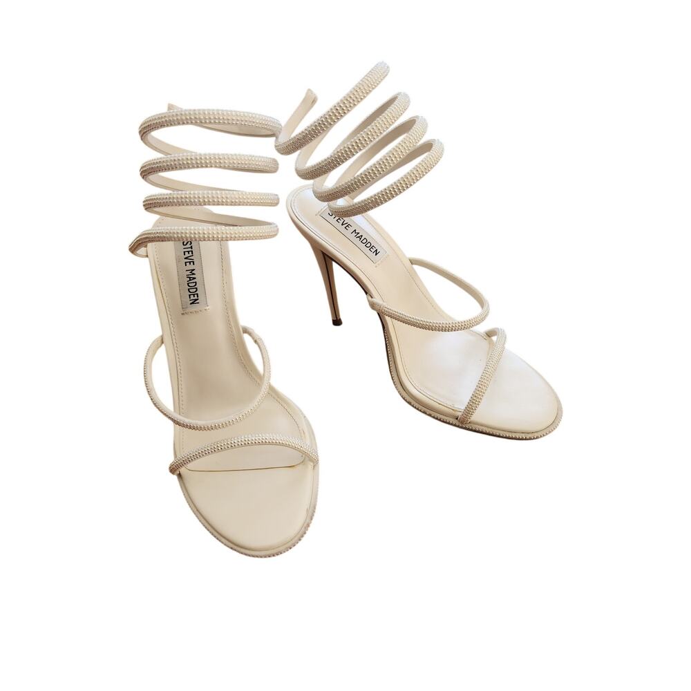 Steve Madden Faux Pearl Wrap Heels White Strappy Sandals Size 8